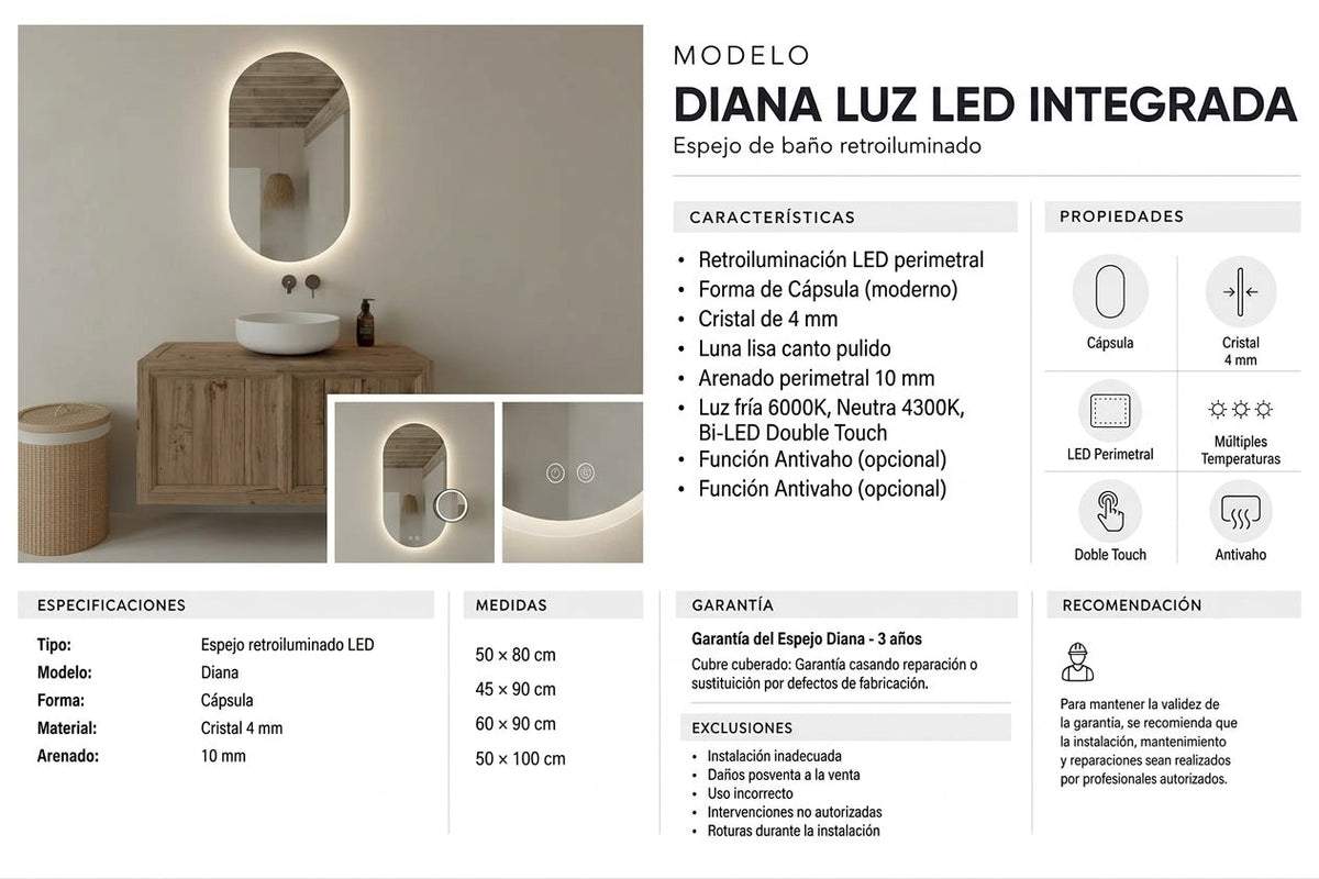 Espejo de baño LED ovalado con luz frontal y ambiental Diana – imagen 6