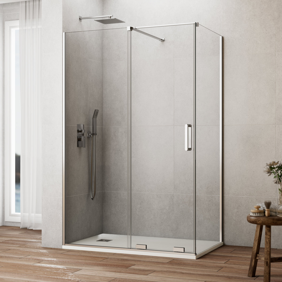 Mampara de ducha corredera frontal Kenna transparente con panel lateral GME – Cromo