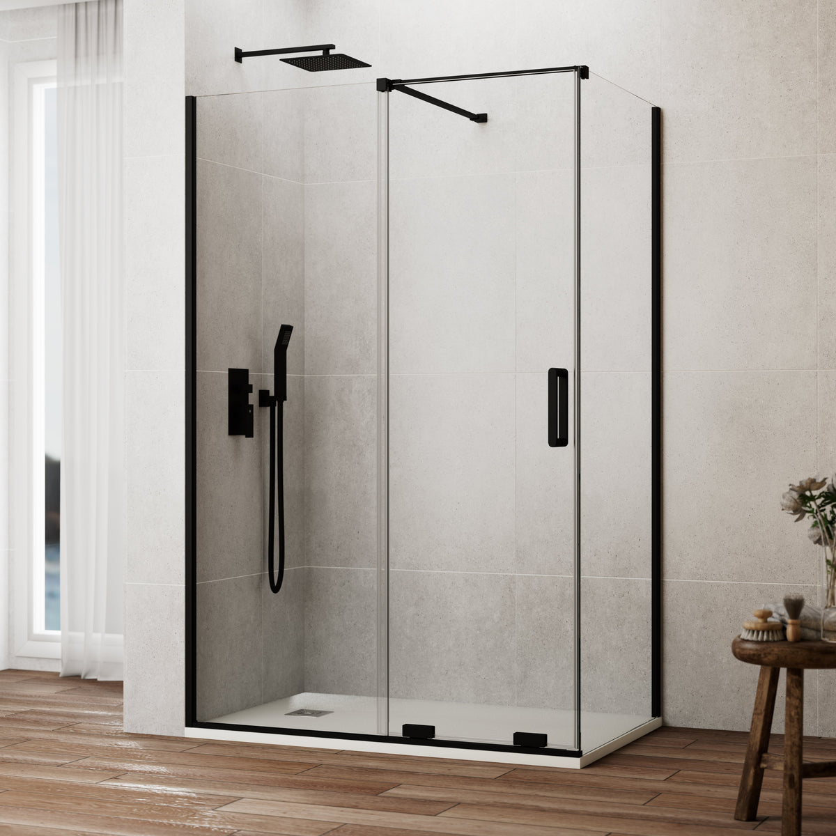 Mampara de ducha corredera frontal Kenna transparente con panel lateral GME – Negro