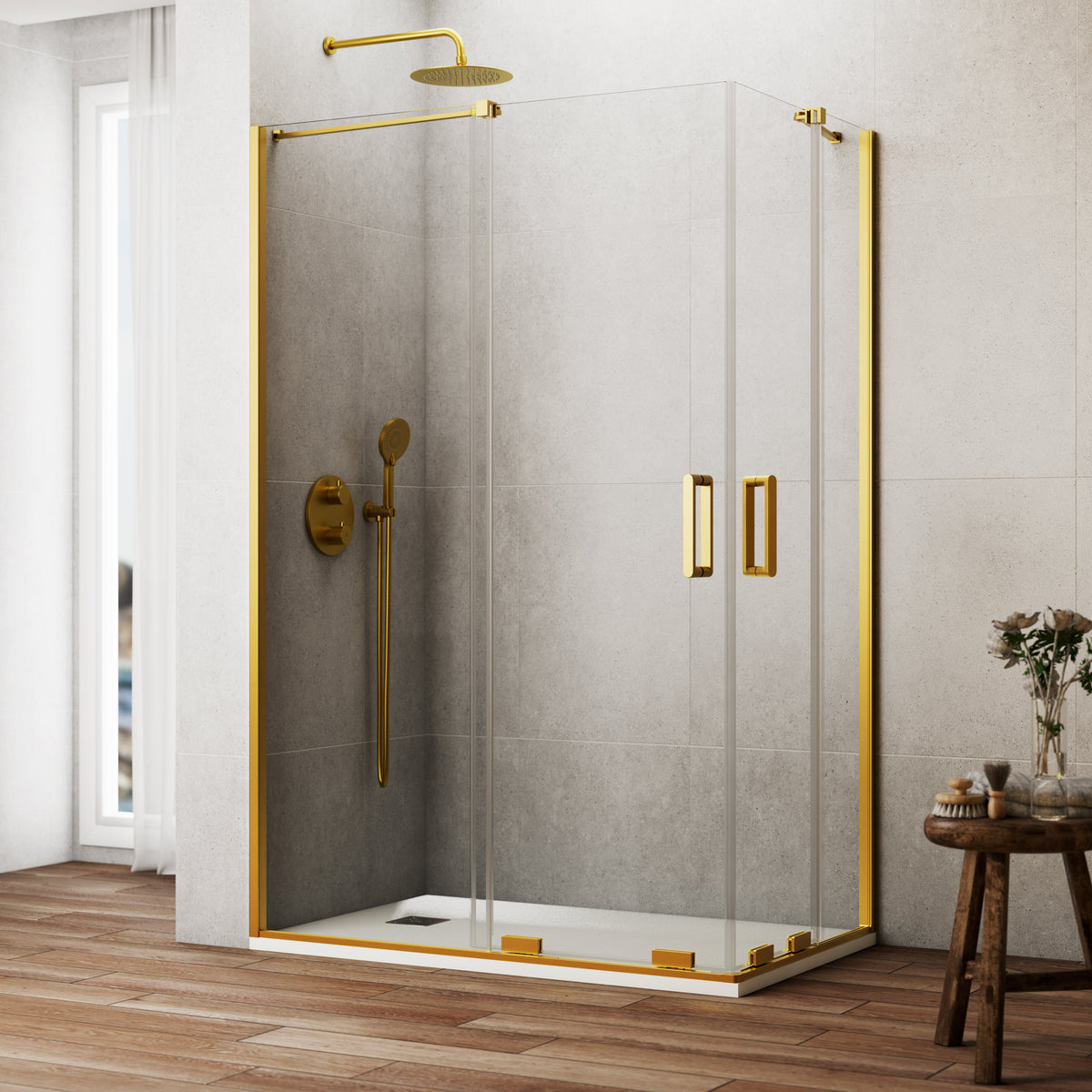 Mampara de ducha corredera angular Kenna transparente GME – Oro – imagen 7