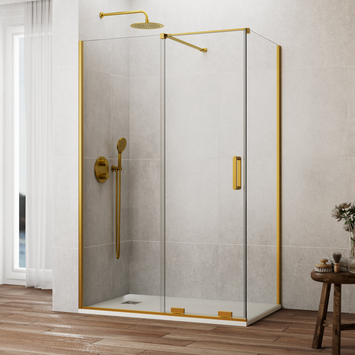 Mampara de ducha corredera frontal Kenna transparente con panel lateral GME – Oro