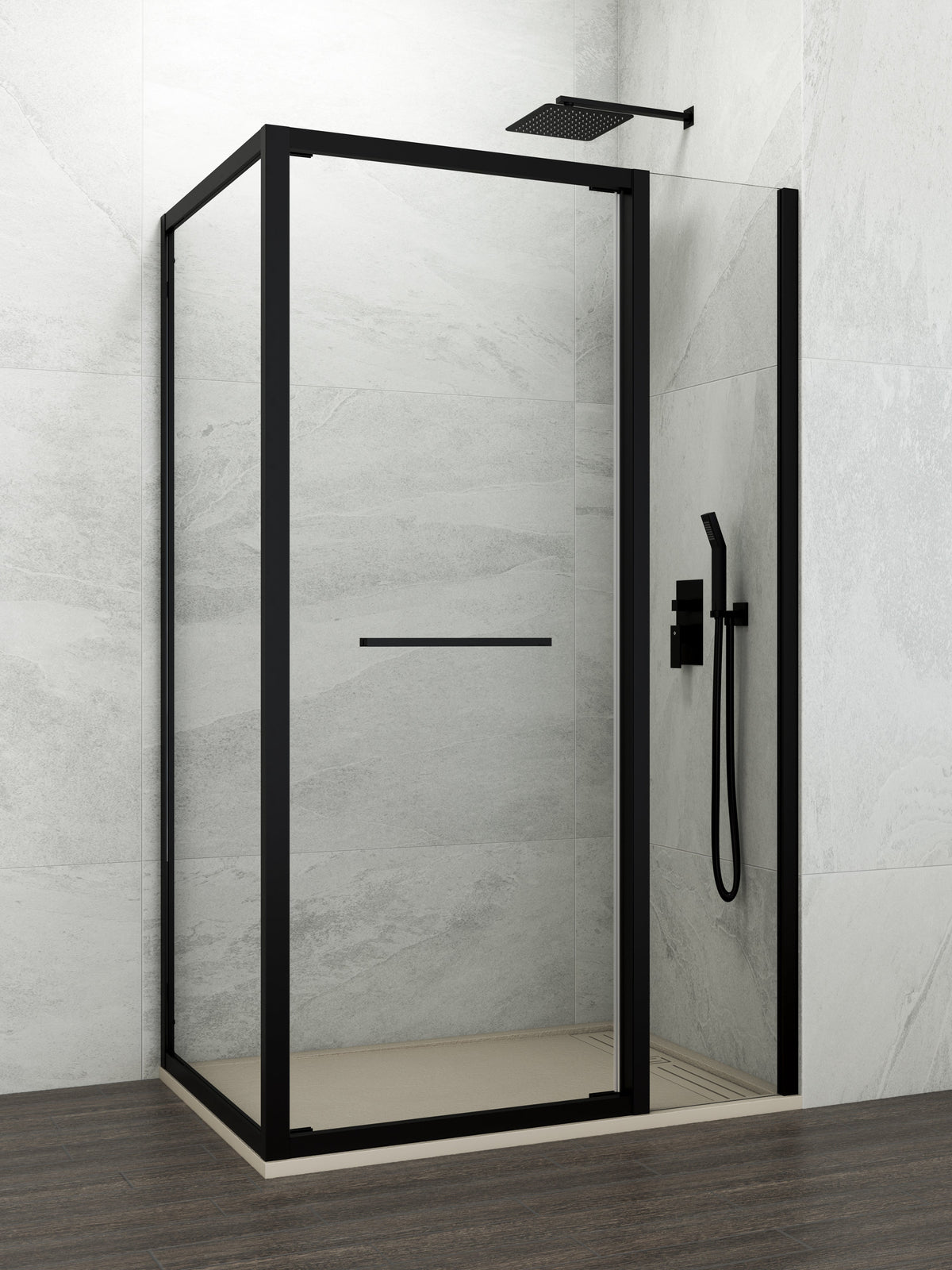Mampara de ducha corredera-plegable Spazio transparente con panel lateral GME – Negro