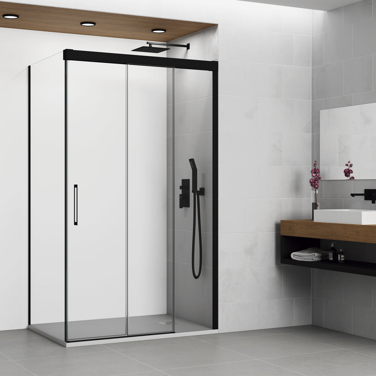 Mampara de ducha corredera frontal con lateral Trio transparente GME – Negro – imagen 4