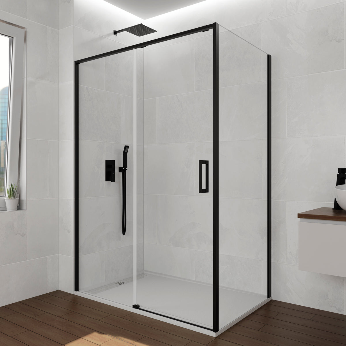 Mampara de ducha corredera frontal con lateral Twenty transparente GME – Negro – imagen 4