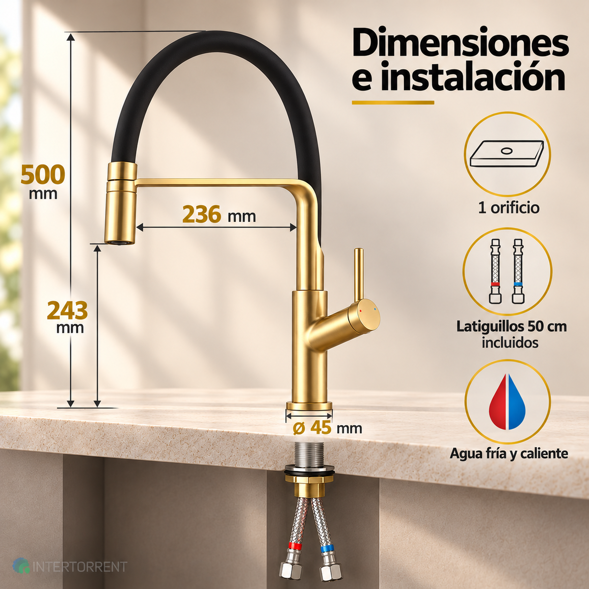 Grifo de cocina Sena Imex – Oro cepillado – dimensiones e instalación