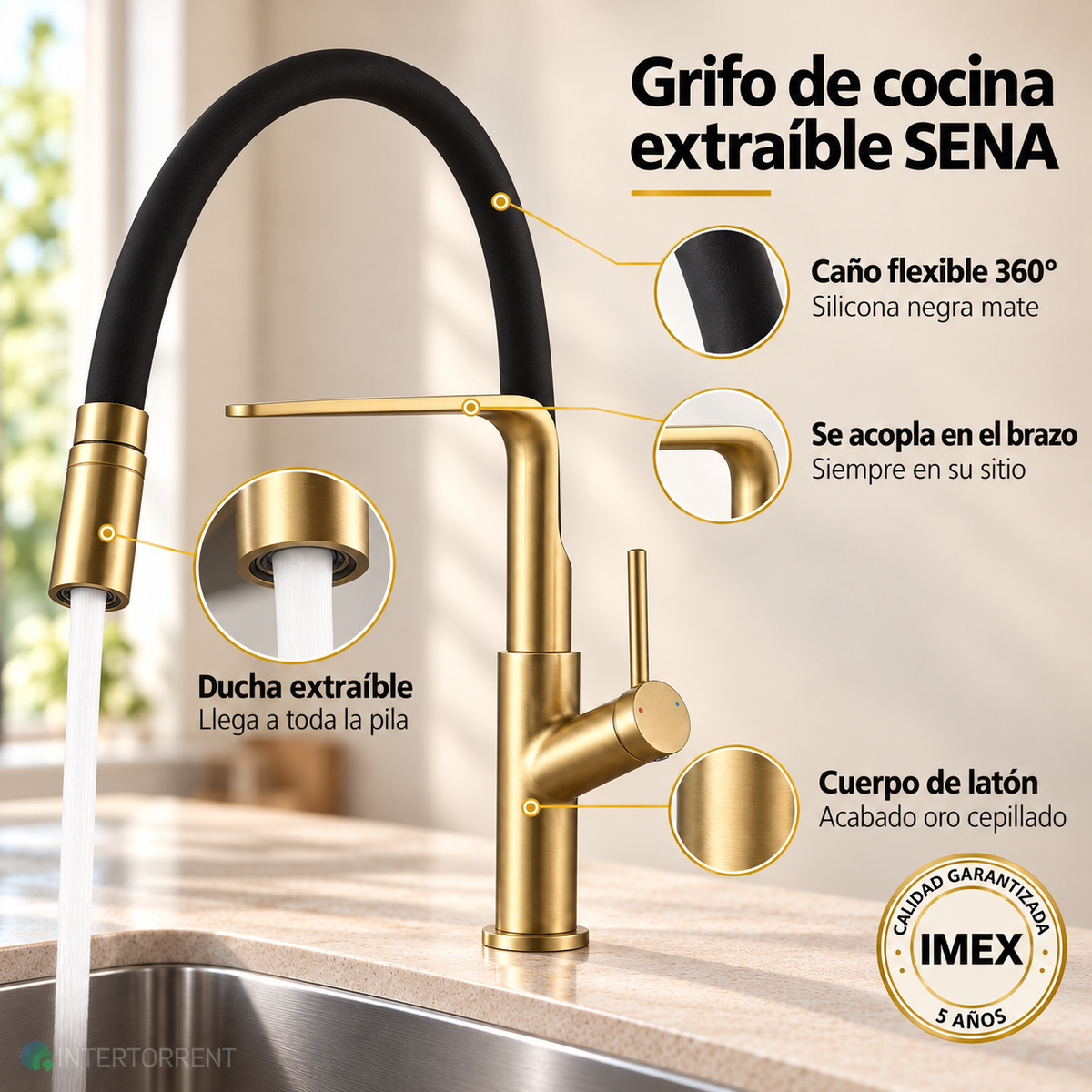 Grifo de cocina Sena Imex – Oro cepillado – características