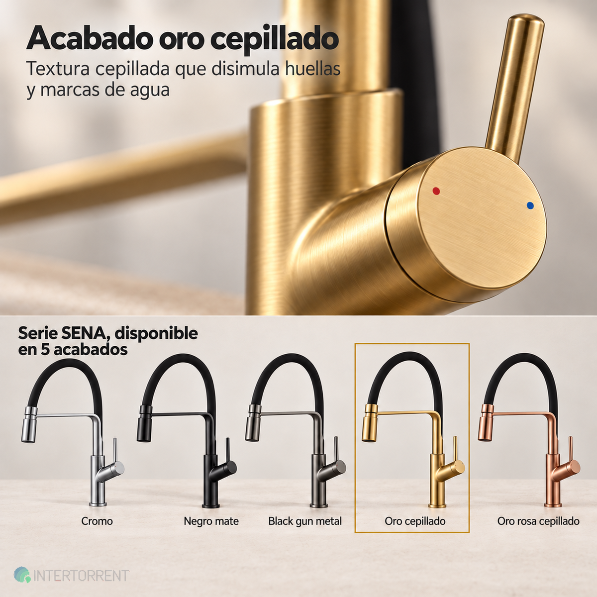 Grifo de cocina Sena Imex – Oro cepillado – acabado y serie Sena