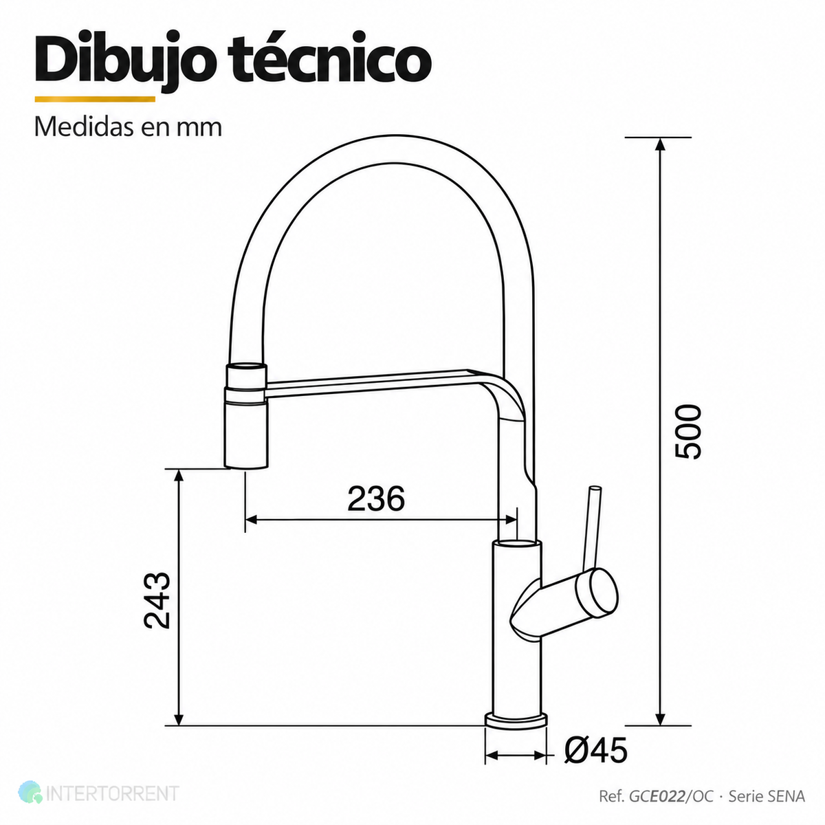Grifo de cocina Sena Imex – dibujo técnico con medidas